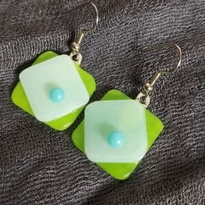 NEW Handmade green & blue fused glass modern geometric drop earrings